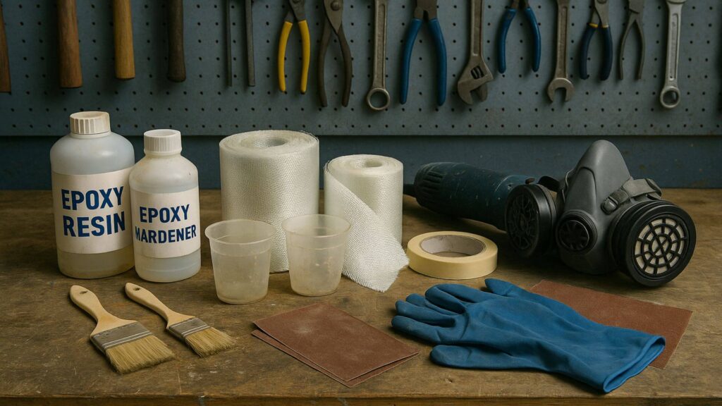 A bunch of tools on a table to repair a fiberglass boat keel guard