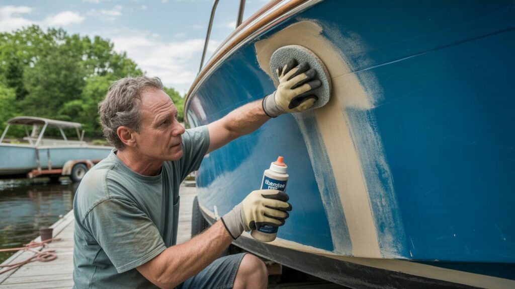 A man applying rubbing compound on a boat gelcoat