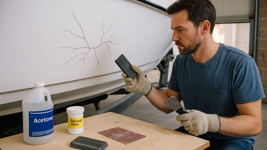 a man preparing tools and inspecting cracks on boat gelcoat