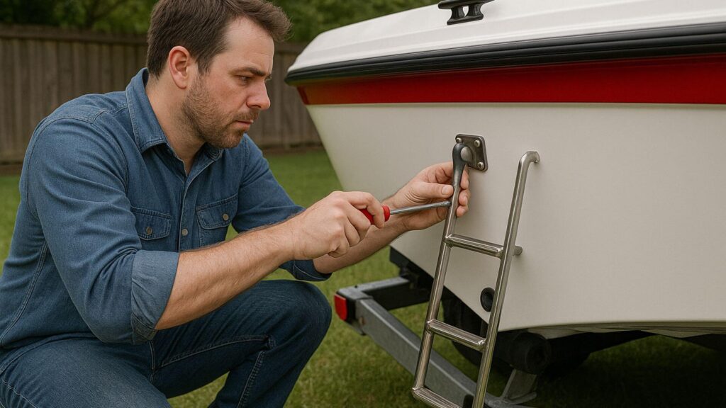a man putting back hardware on a boat transom after a repair