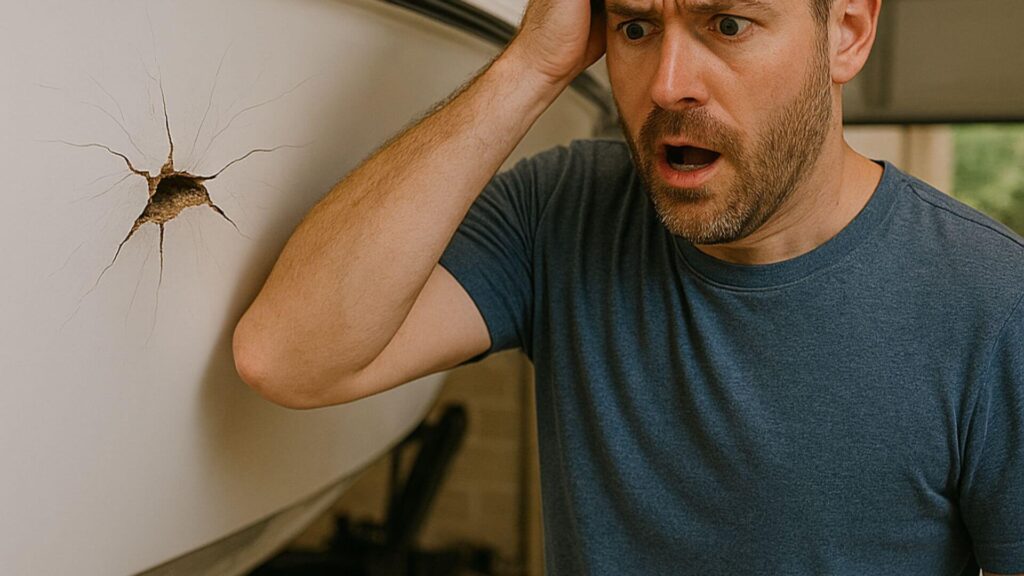 How to repair gelcoat stress cracks - man looking shocked while seeing a hole in the boat hull