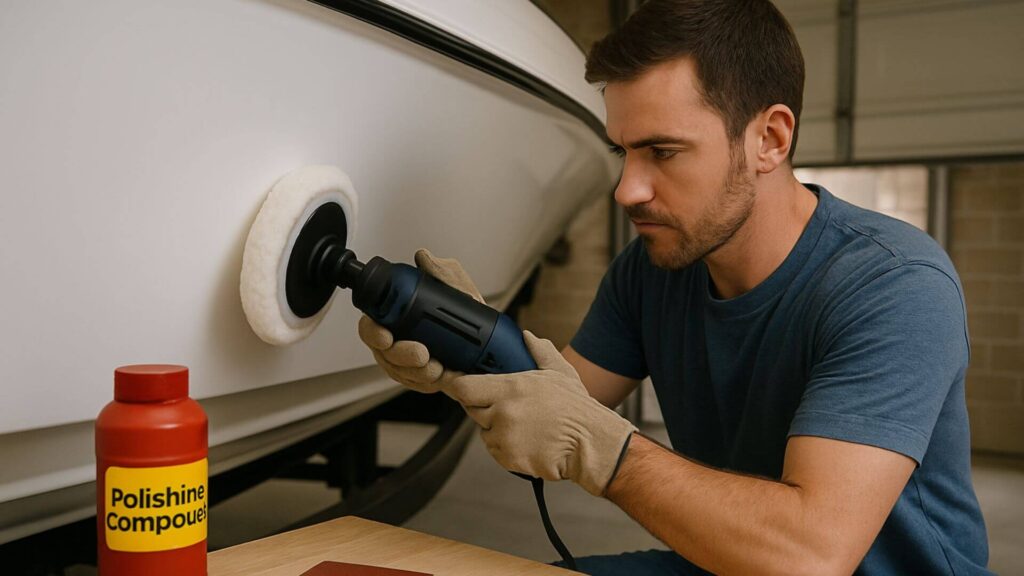 a man polishing the repaired gelcoat on a boat