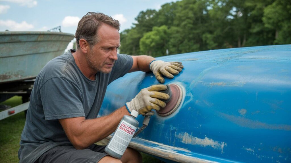 a man sanding oxidation on an upside down boat