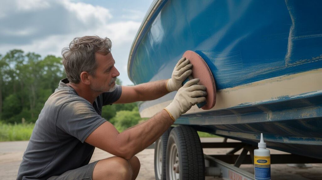 A man sanding the outside of a fiberglass boat hull to remove oxidation