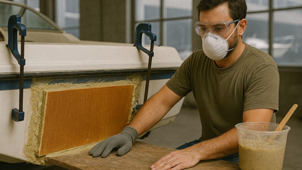 New transom plywood applied on boat