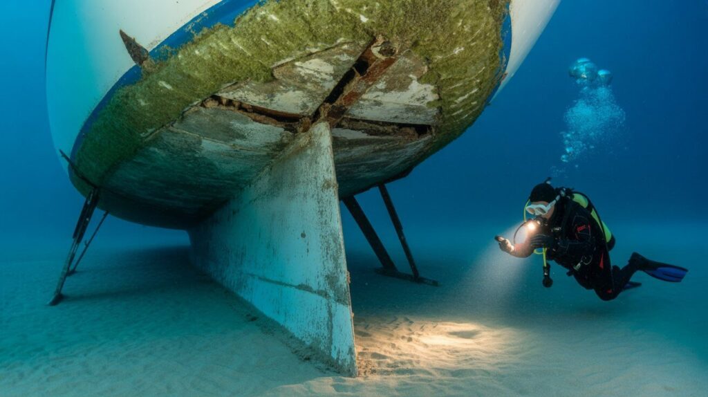a man underwater visually checking a boat keel