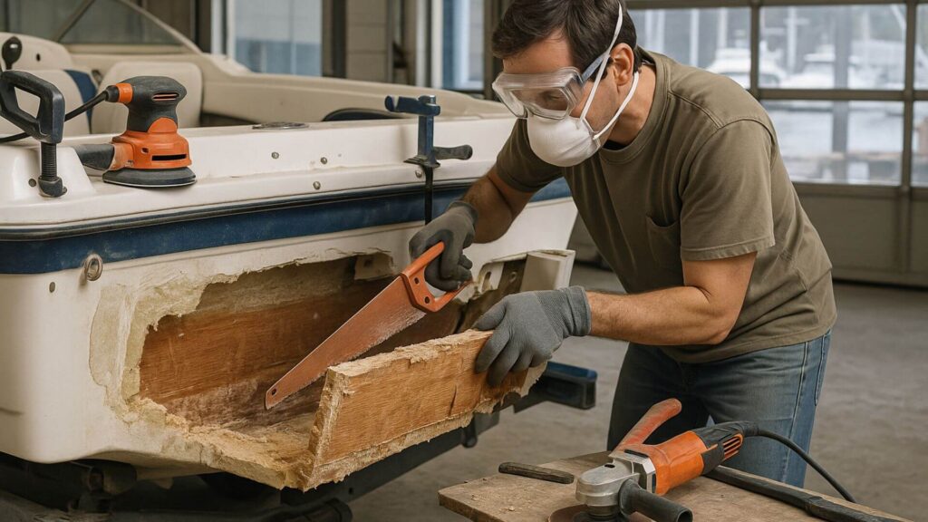 A man using circular saw to cut away damaged fiberglass on transom