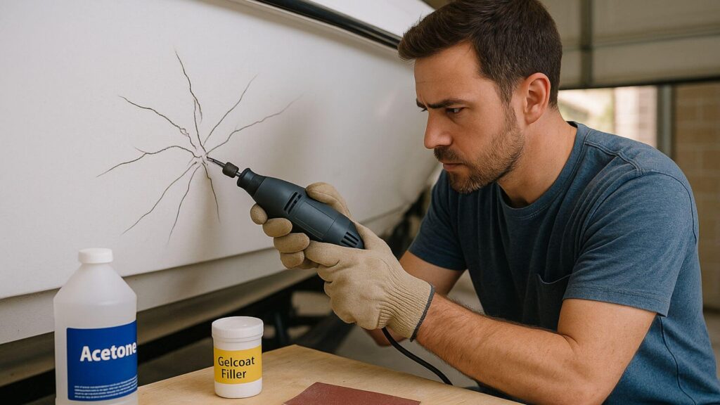 a man using a dremel tool to open cracks on gelcoat