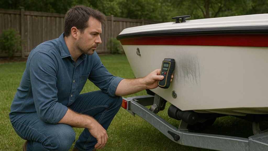 A man using a moisture meter on a boat transom