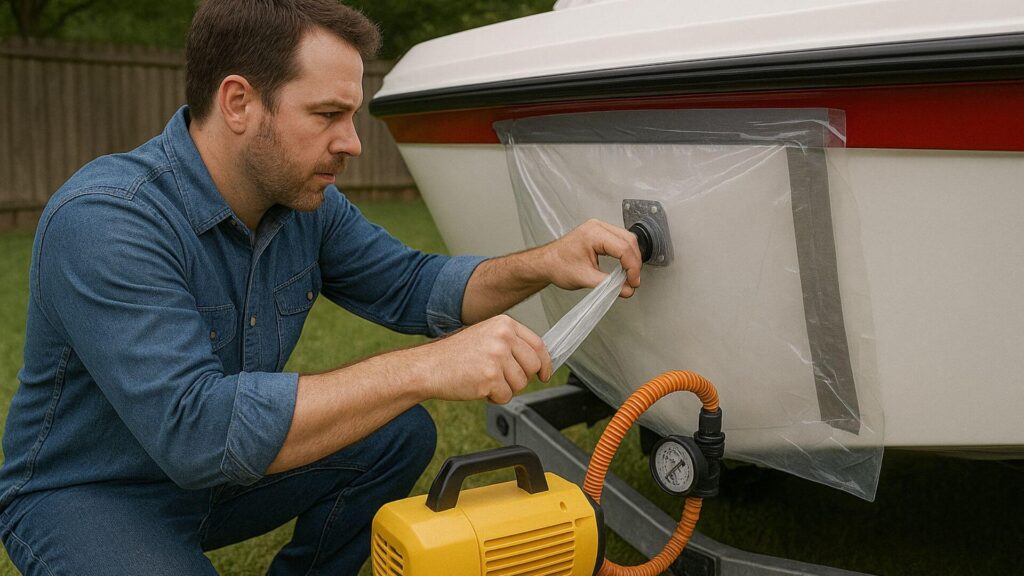 a man using vacuum bag and plastic to pull moisture out of a boat transom