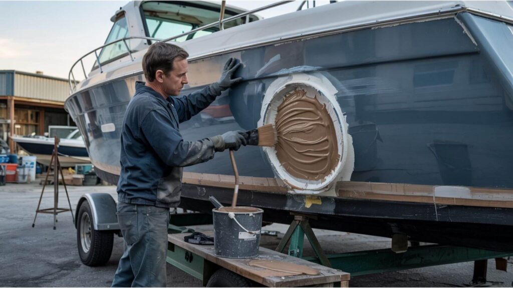 someone applying thickened epoxy resin to the fiberglass boat hole