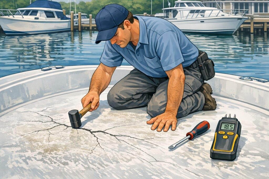 illustration of a man assessing damage on boat deck