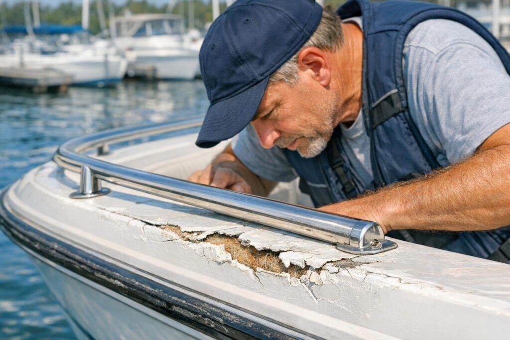 Damaged fiberglass boat gunnel