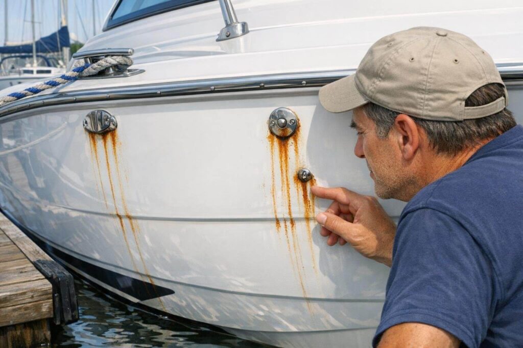 Fiberglass Boat with Rust Stains