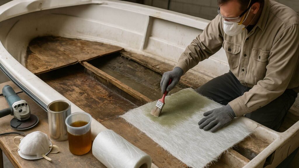 a man laminating fiberglass boat floor during replacement