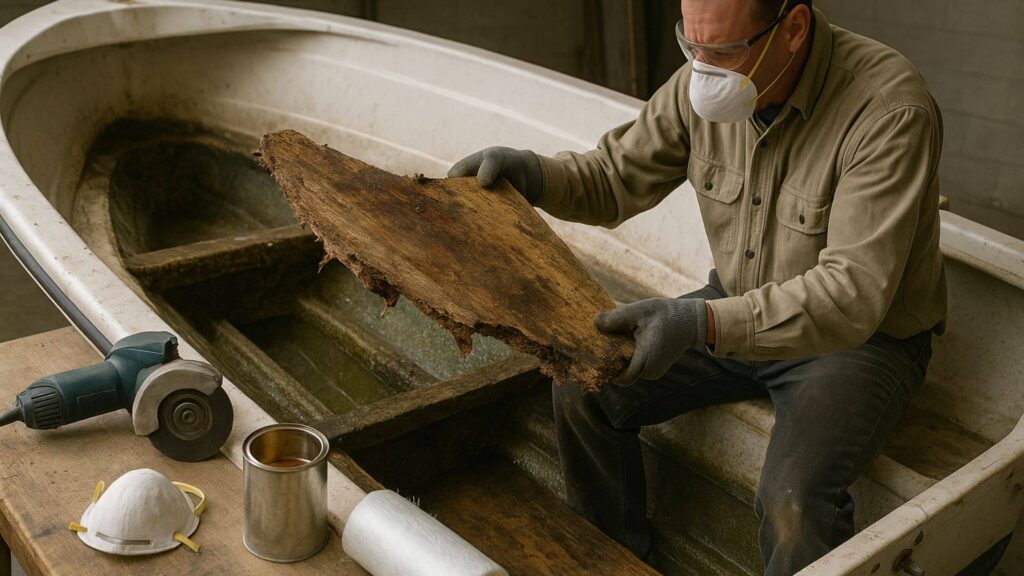 A man removing a damaged area of a fiberglass boat floor to replace it