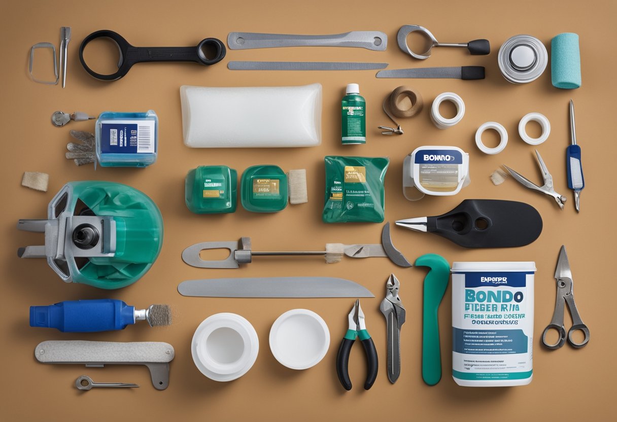 A hand reaches for a Bondo Fiberglass Resin Repair Kit on a workbench, surrounded by various tools and materials for repairing damaged surfaces