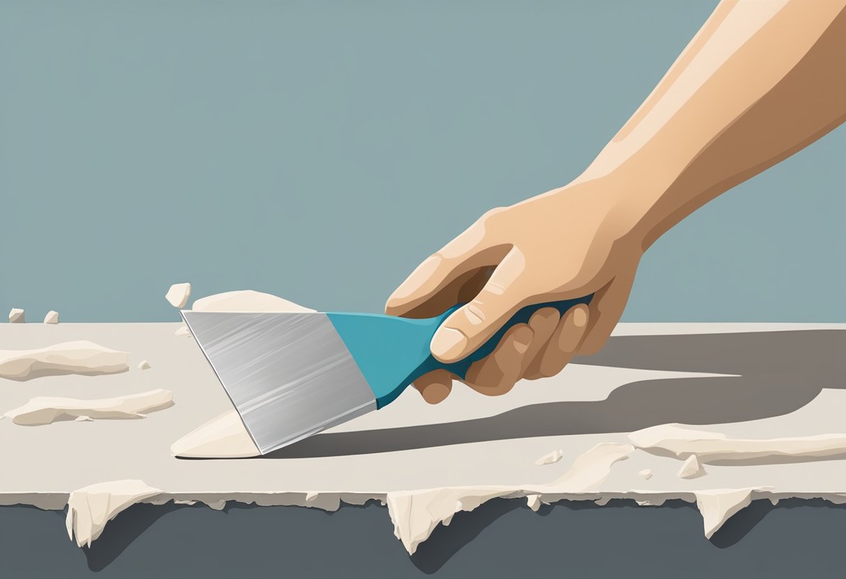 A hand holding a putty knife spreads Bondo fiberglass filler onto a damaged surface, smoothing it out for repair