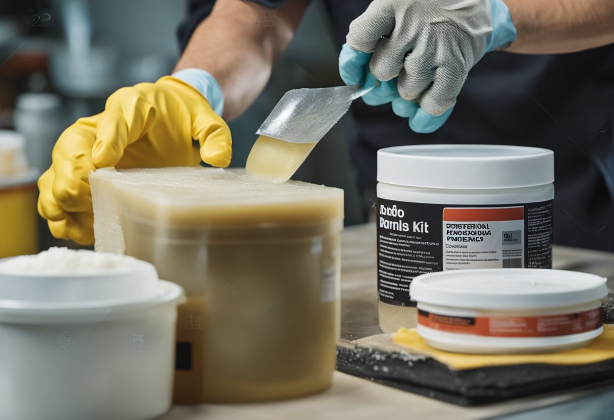 A person wearing gloves and a mask carefully mixes and applies Bondo Fiberglass Resin Repair Kit to a damaged surface, following safety instructions