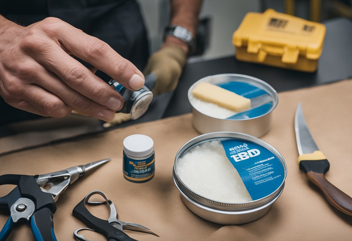 A hand holds a Bondo Fiberglass Resin Repair Kit. A damaged surface is being patched with the kit's materials and tools