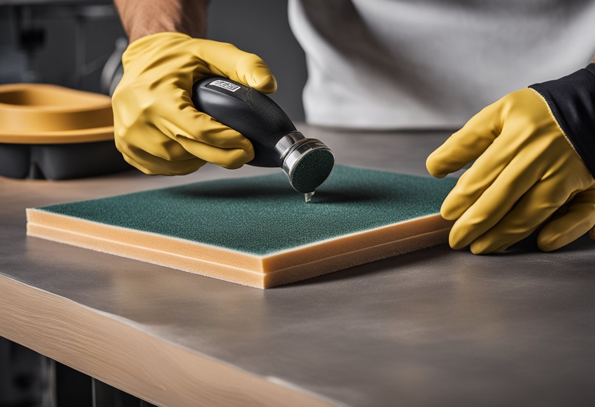 A person is sanding a repaired surface with the Bondo Kit. Sandpaper smooths out the surface, creating a finished look