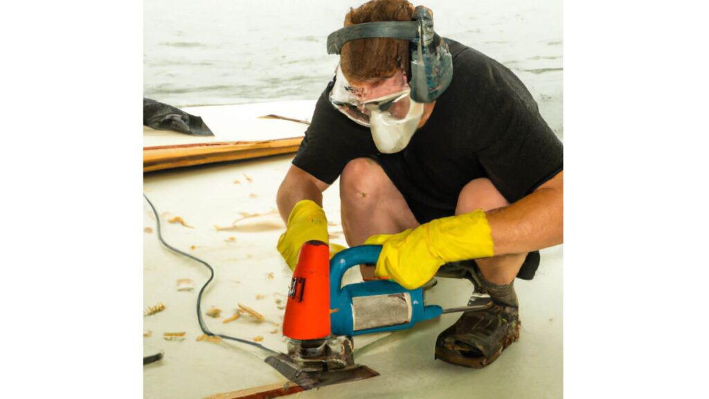 fiberglass boat floor replacement - someone wearing safety goggles, gloves, and a respirator, and  cutting a boat floor