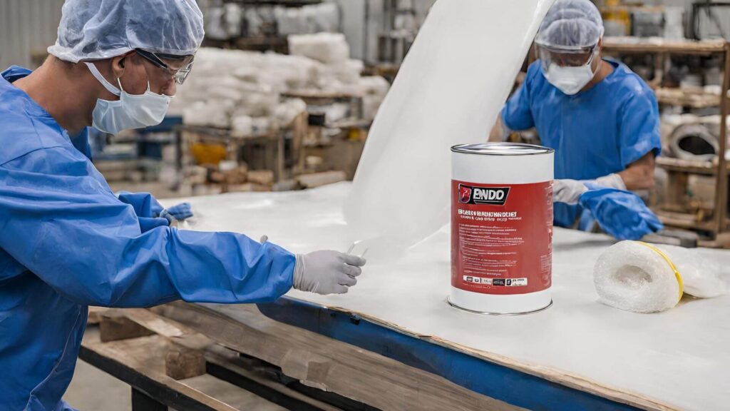 two people working with a bondo kit on a table in a factory
