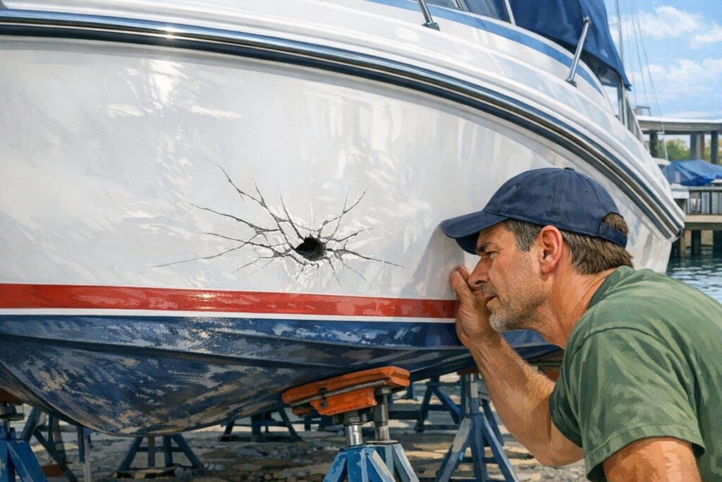 Damaged fiberglass boat hull