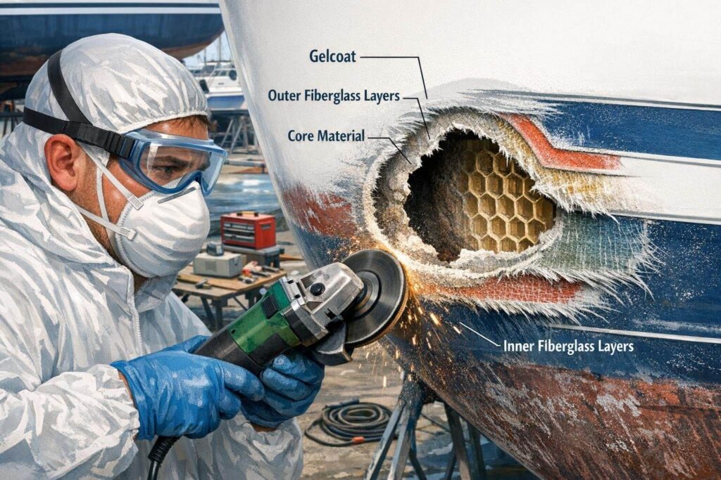 Grinding the damaged fiberglass