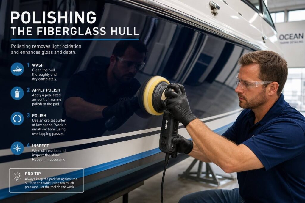Using a Buffer to Polish the Fiberglass Hull