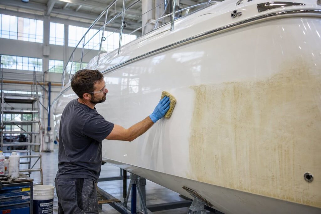 A person cleaning old wax off the fiberglass hull of a white boat at a marina.