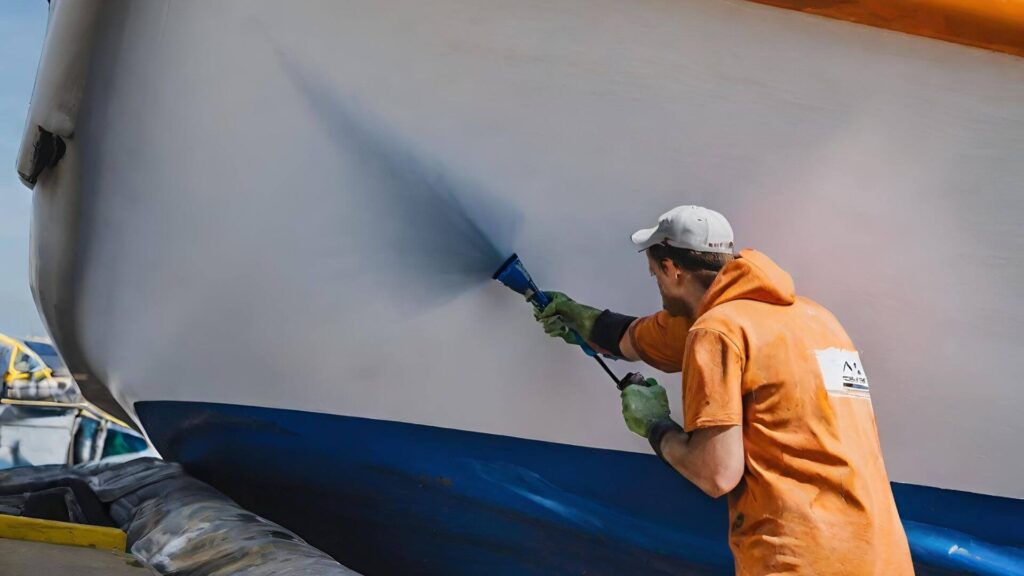 How to paint a fiberglass boat - someone spraying paint on a boat hull