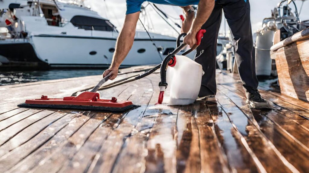 someone cleaning a boat deck floor