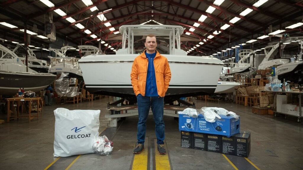 someone standing in front of a boat in a factory with gelcoat on the floor