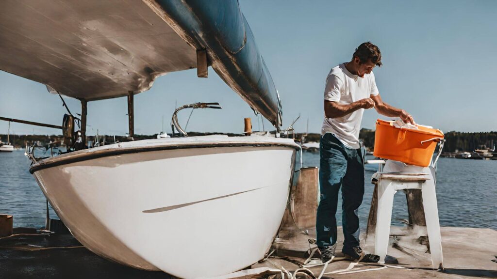how to clean a fiberglass boat - someone with a bucket of water standing next to a boat hull