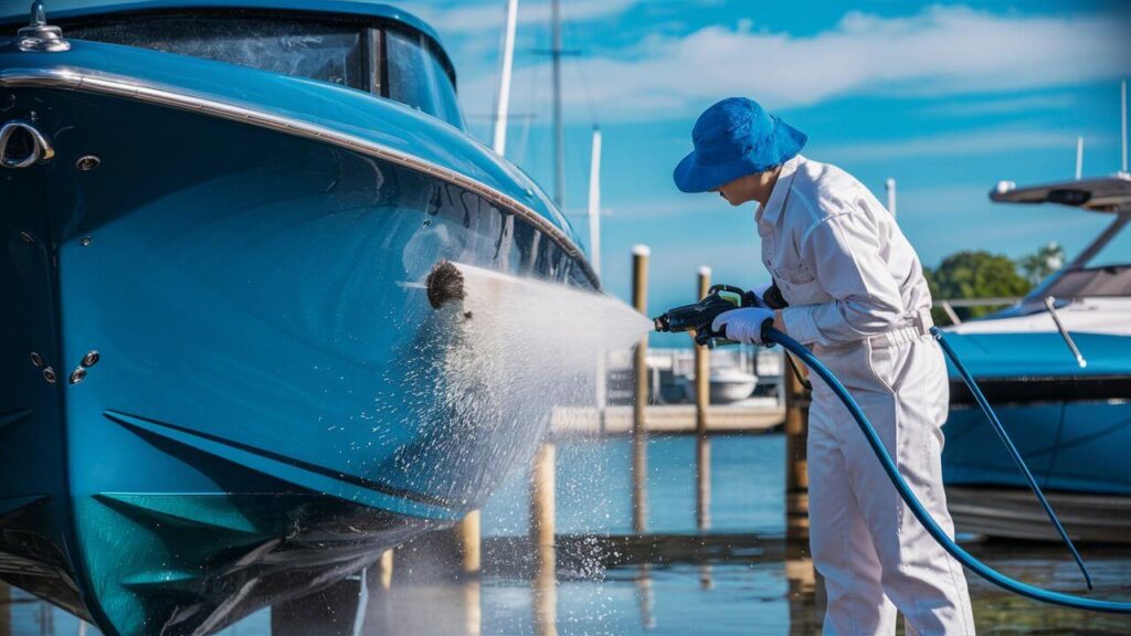 someone rinsing a boat hull with a hose