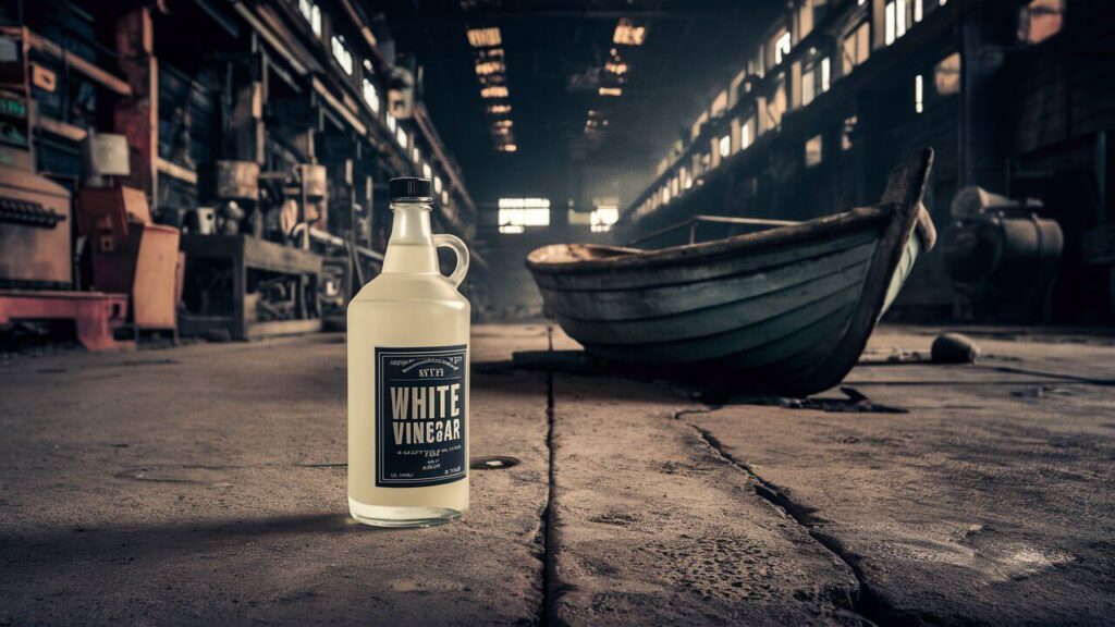 a bottle of white vinegar on the floor close to a boat
