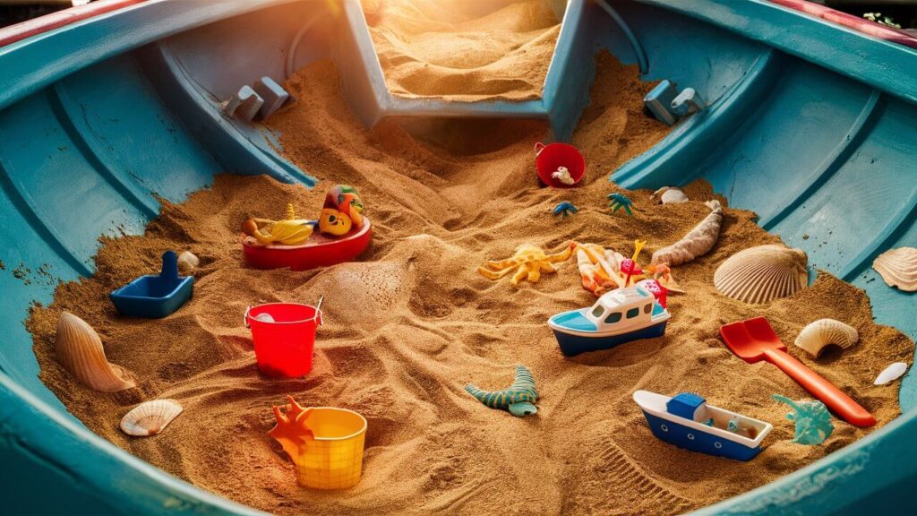 a fiberglass boat that has been turned into a sandbox for kids play area