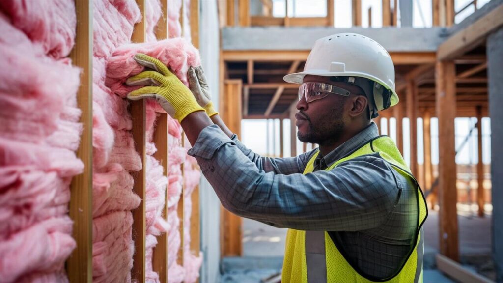 construction worker insulating a wall with fiberglass