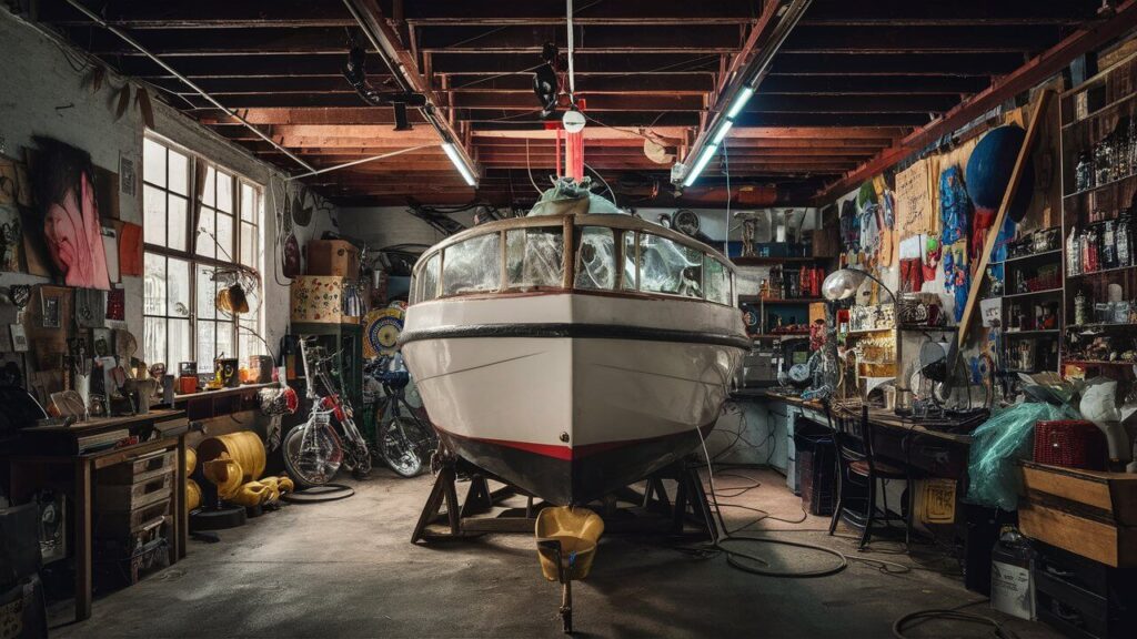fiberglass boat in a garage turned into a blank canvas