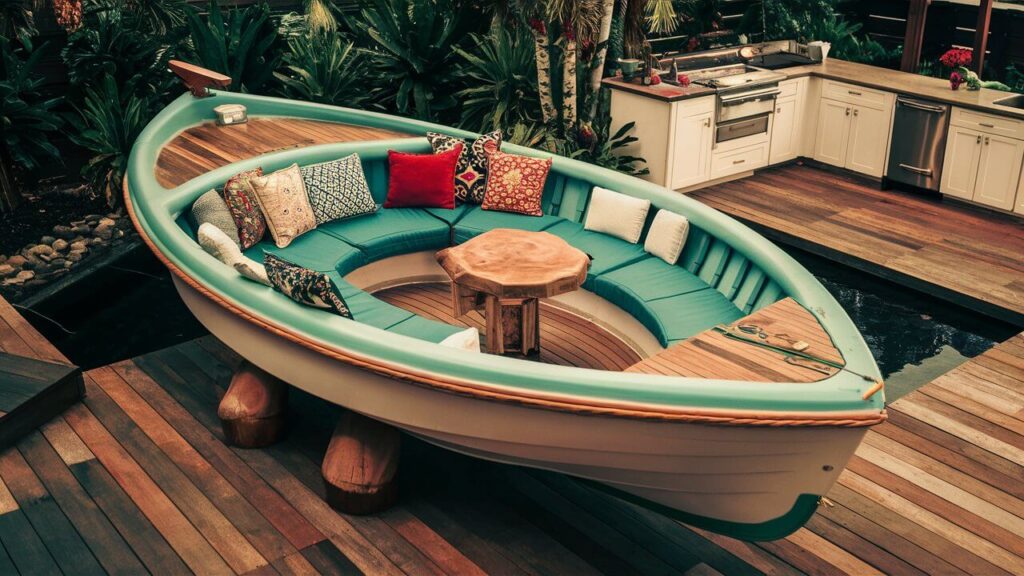 fiberglass boat repurposed into an outdoor furniture