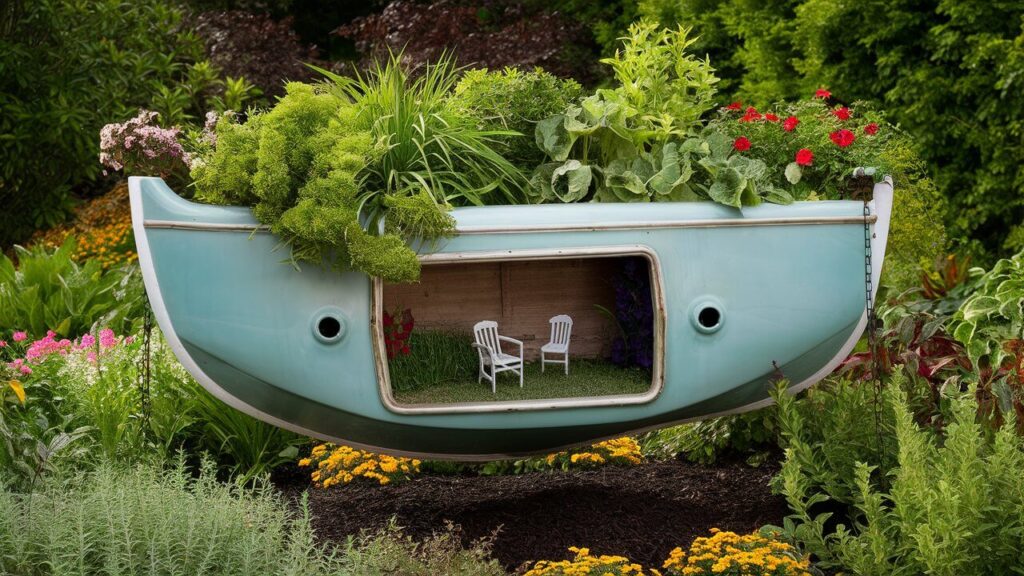 fiberglass boat turned into a planter in a garden