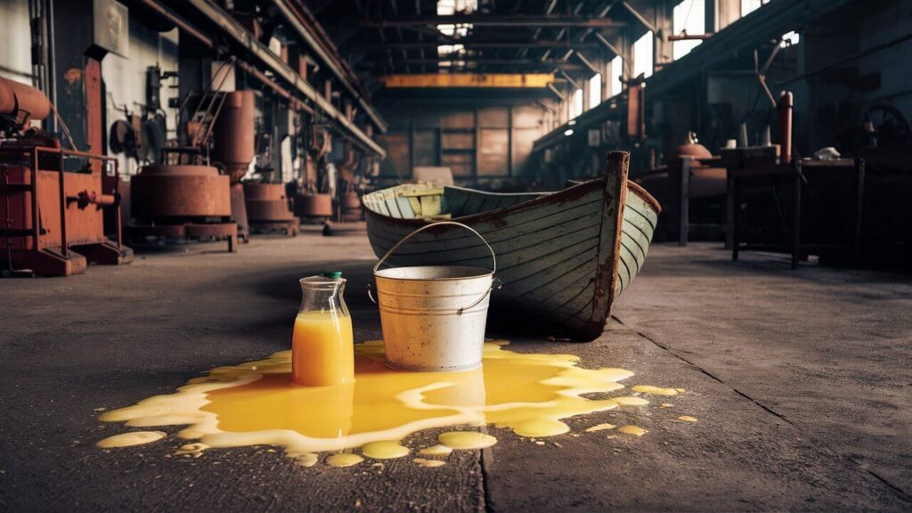 lemon juice and a bucket of water on the floor in a boat factory