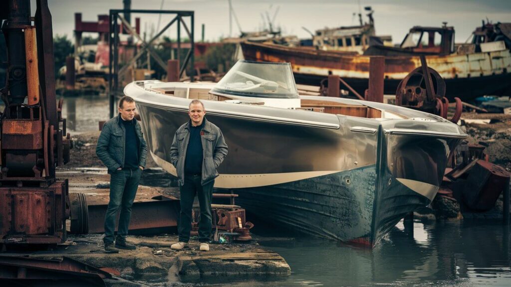 two men standing next to a boat that just arrived in a salvage yard
