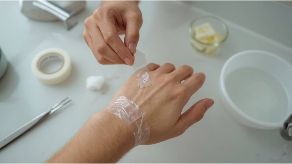 close up hand removing fiberglass from skin with adhesive tape