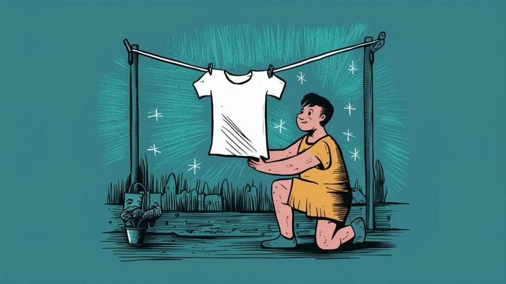 cartoon image of someone air drying a t-shirt on a washing line