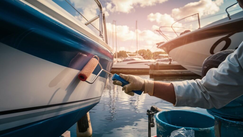 someone using a paint roll to apply gelcoat on a boat