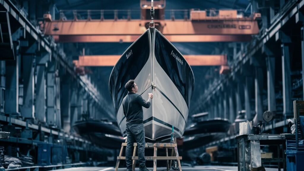 someone observing a large boat in a factory