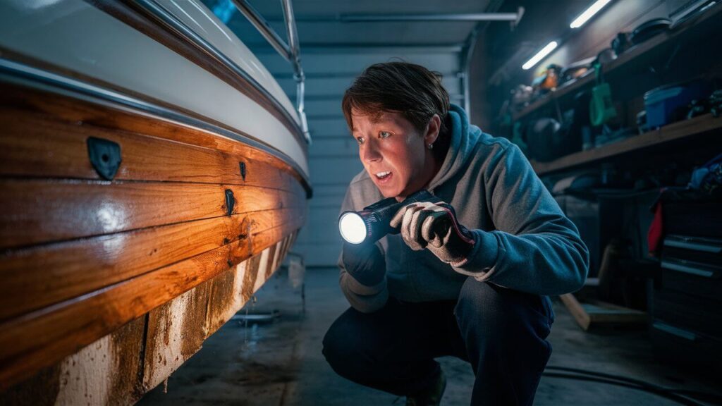 close up photograph of a person inspecting a boat with flashlight