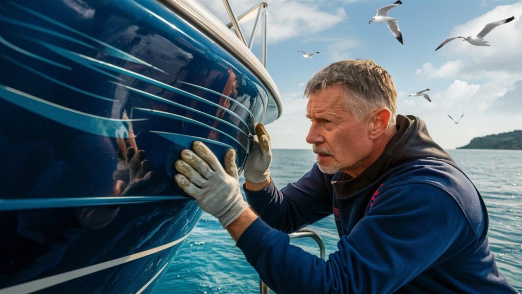 boat owner applying his hand on the surface of a boat hull